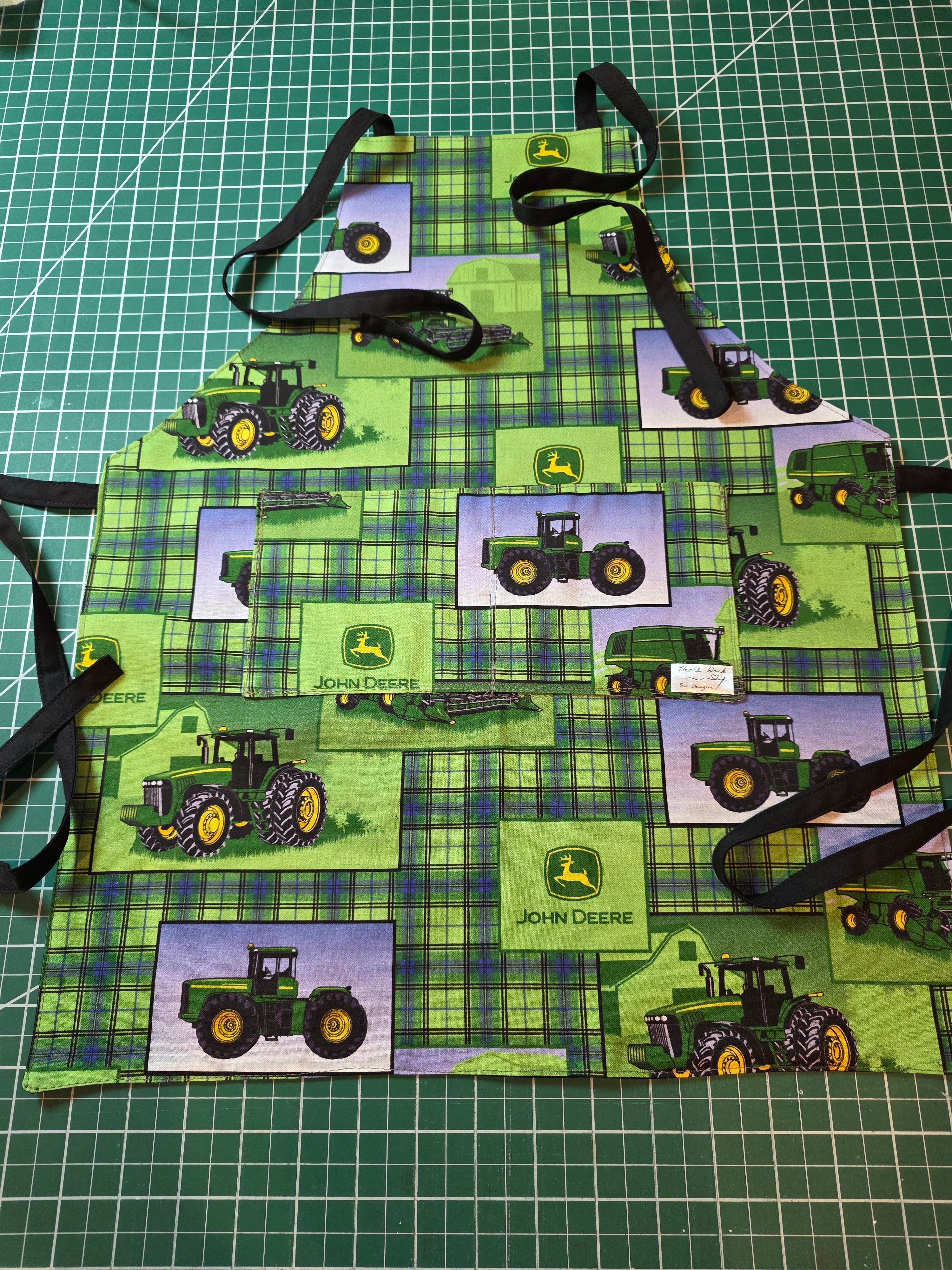 Boys Reversible Apron — Green Plaid & Tractor