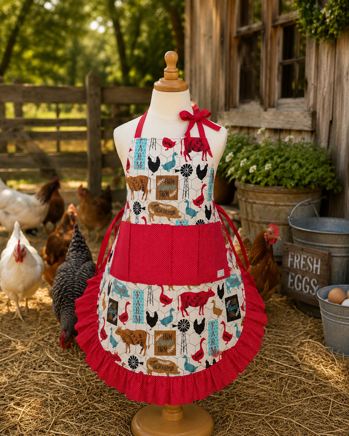 Girls Reversible Farm Animals Apron — Egg Gathering & Red Pin Dot Chef Apron