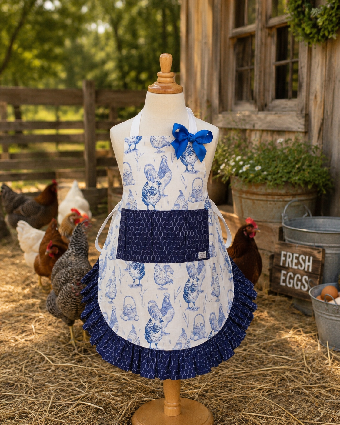 Girls Reversible Vintage Blue Apron — Egg Gathering & Chef Apron for Little Farmers