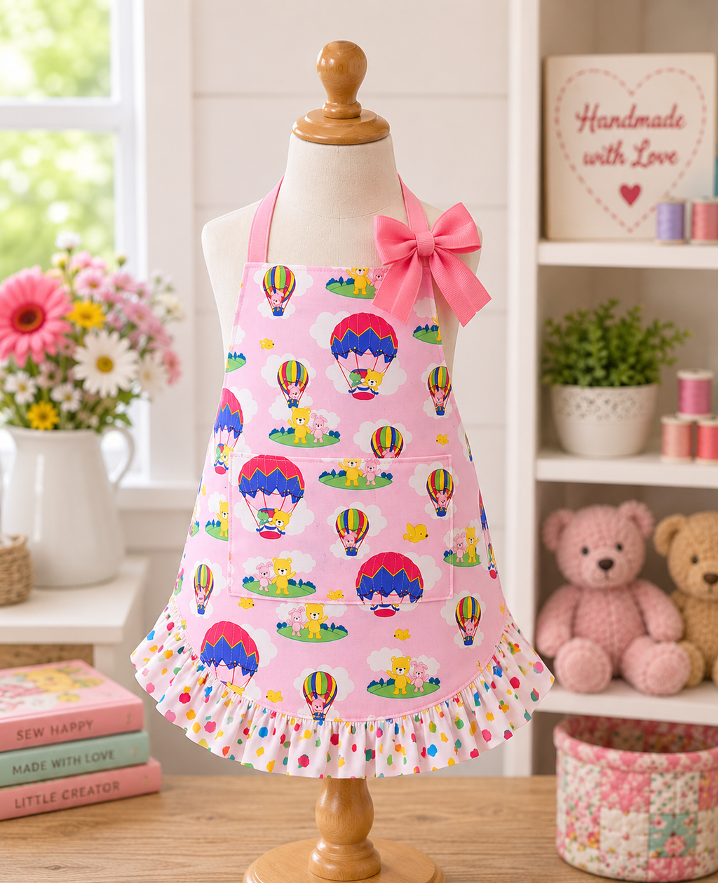 Girls Reversible Hot Air Balloon Apron — Handmade Toddler Chef Apron, Size Small