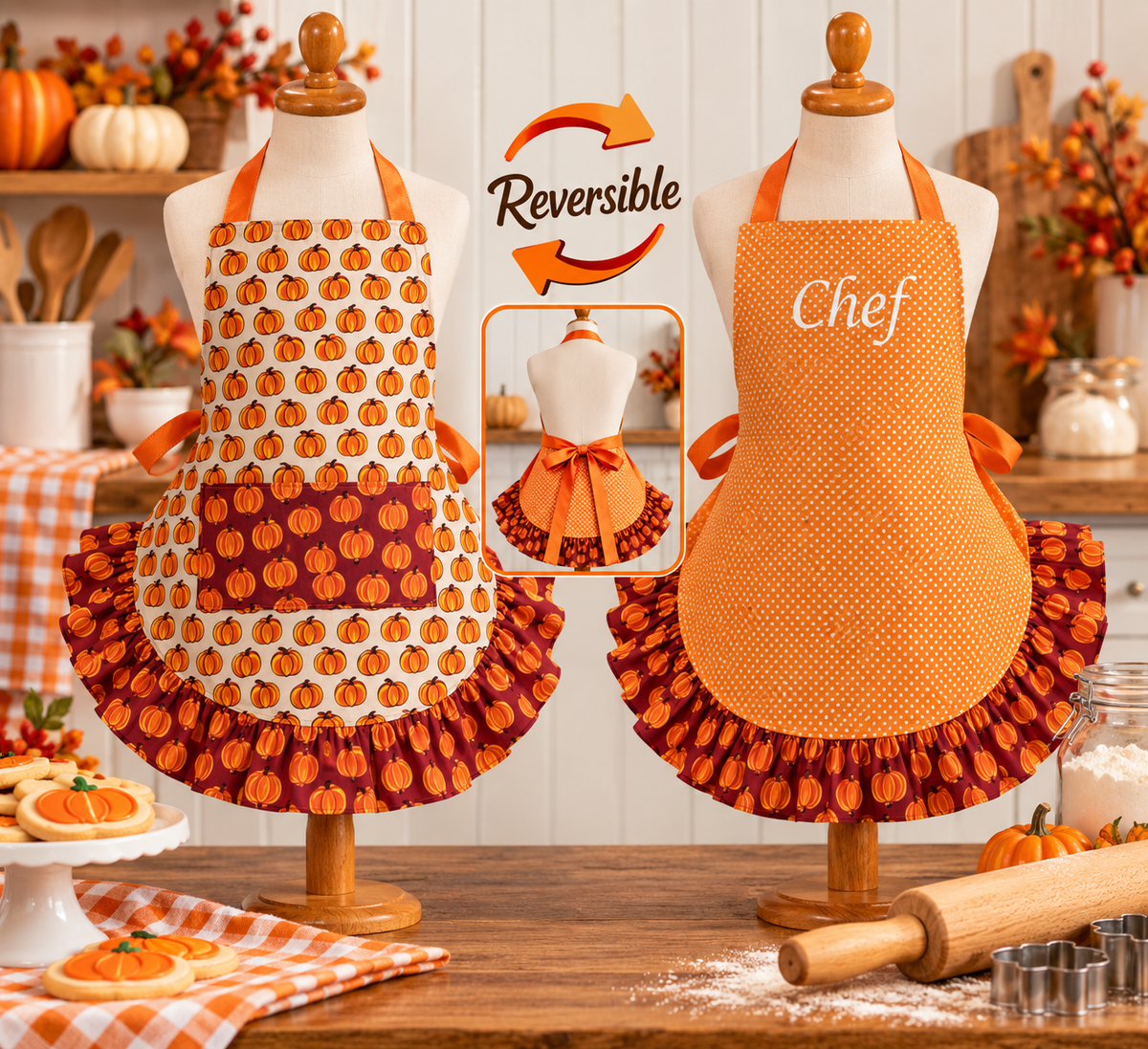 Reversible Fall Apron with Ruffles & Pockets
